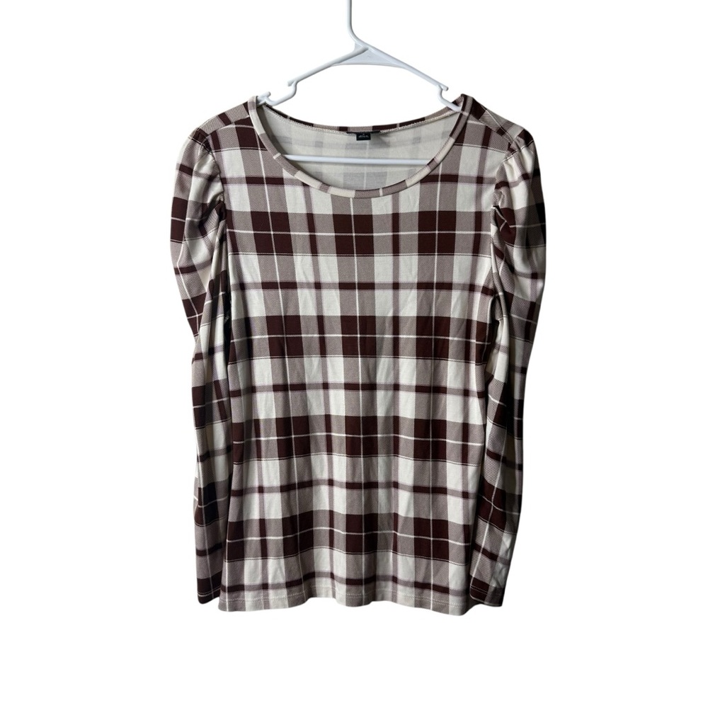 Ann Taylor Brown White Plaid Puff Sleeve Blouse